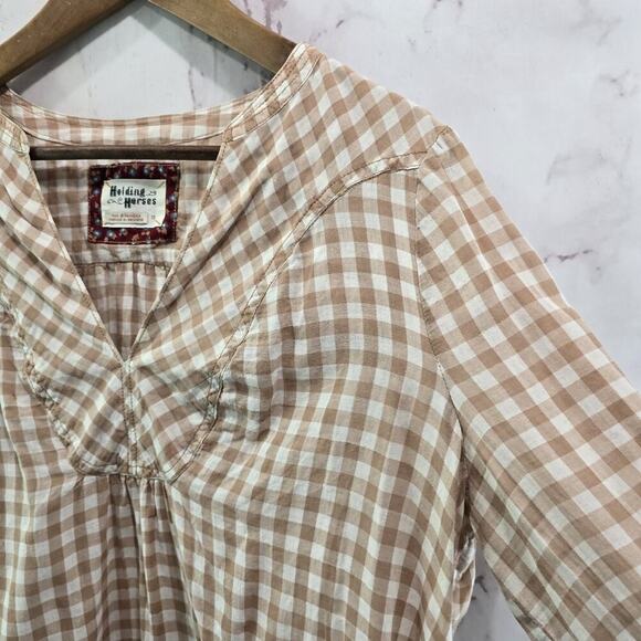 Anthropologie Shirt Womens Medium 10 Check Gingham Roll Holding Horses Popover - Picture 11 of 12